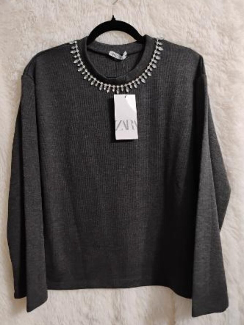 Zara Top with Beaded Neckline Grey Long Sleeve Pullover Sweater NWT Size M